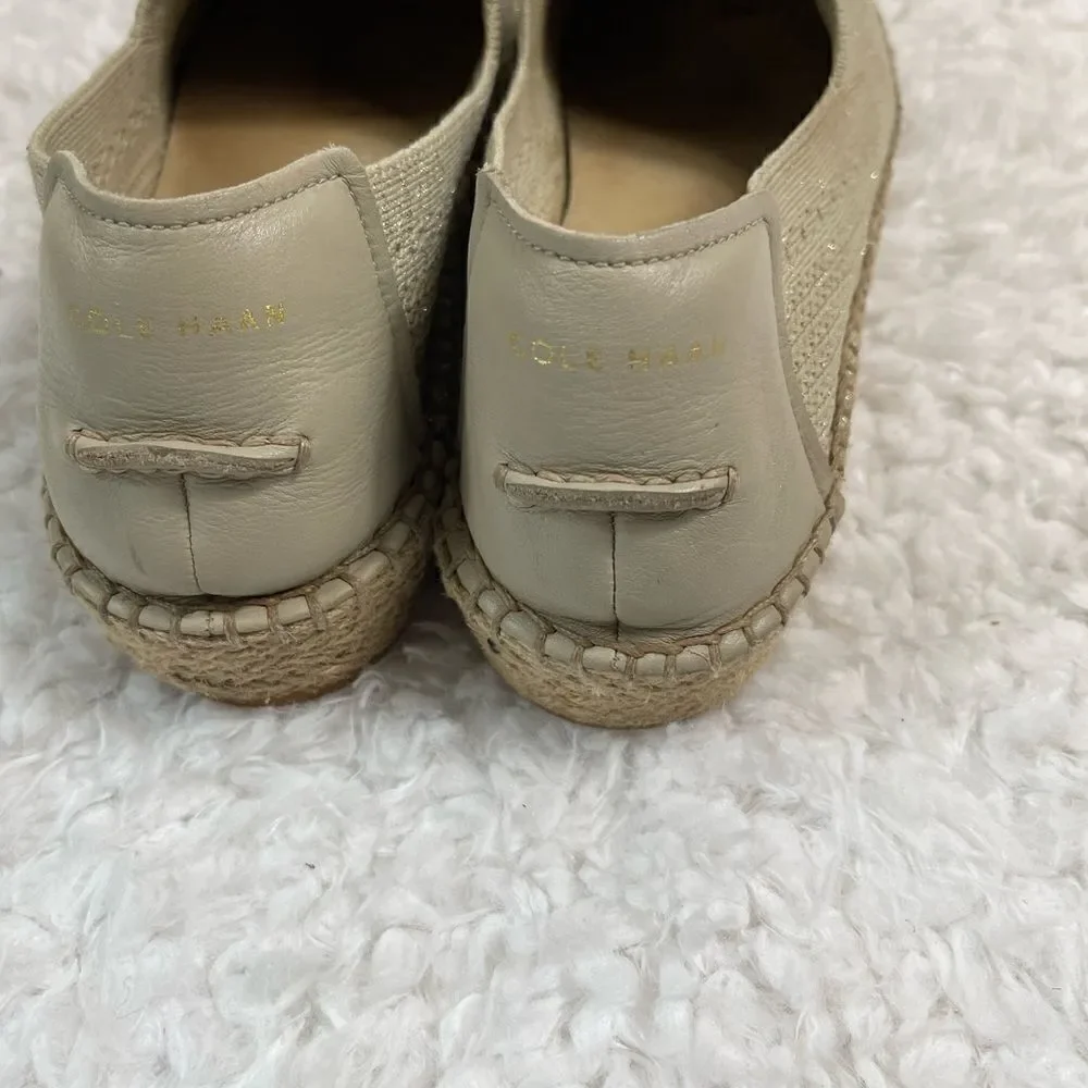 Cole Haan knitted Khaki lite Espadrille Loafer strings of gold threads size 10B